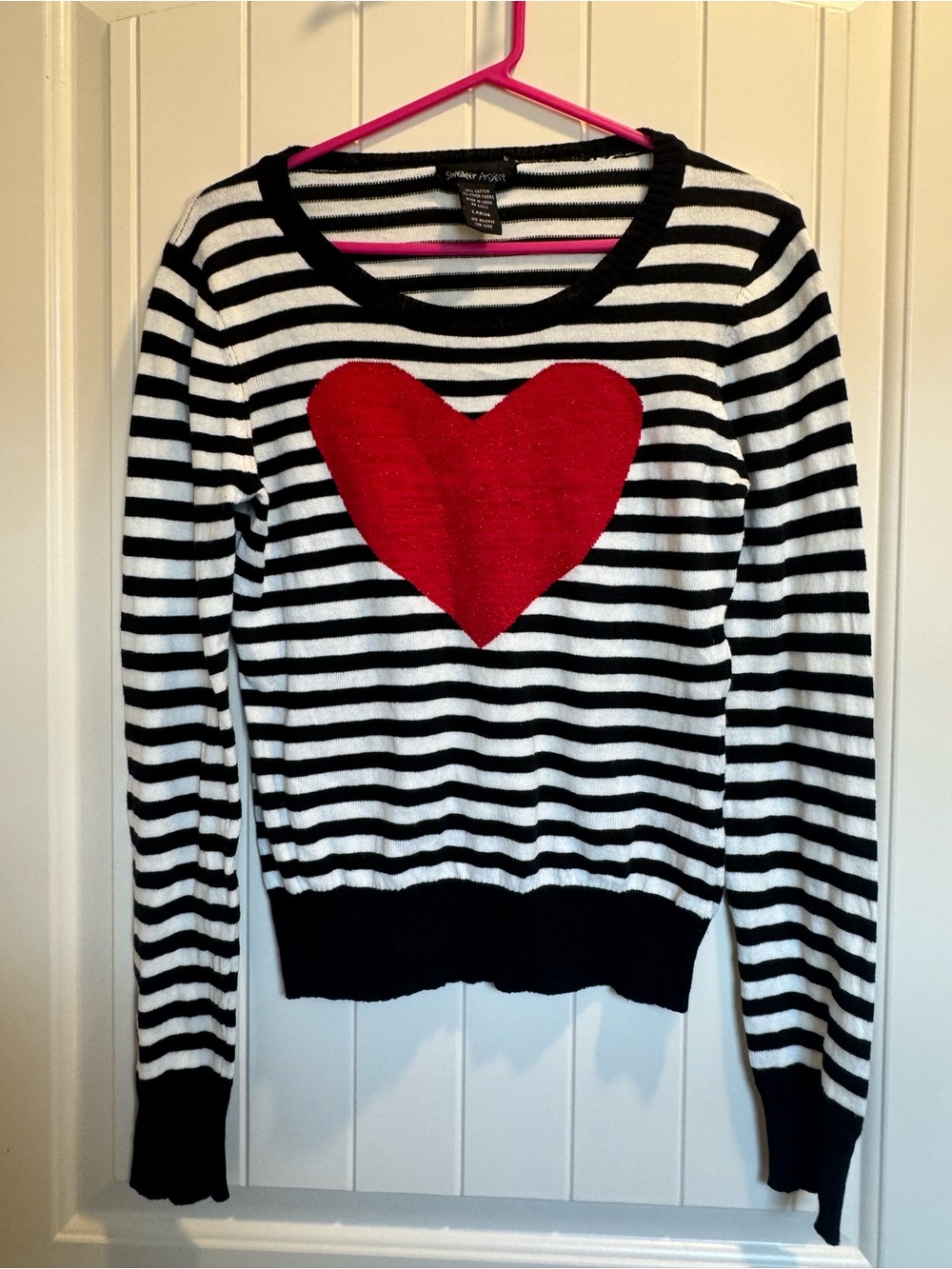Black & White Striped sweater with Red sparkly Heart